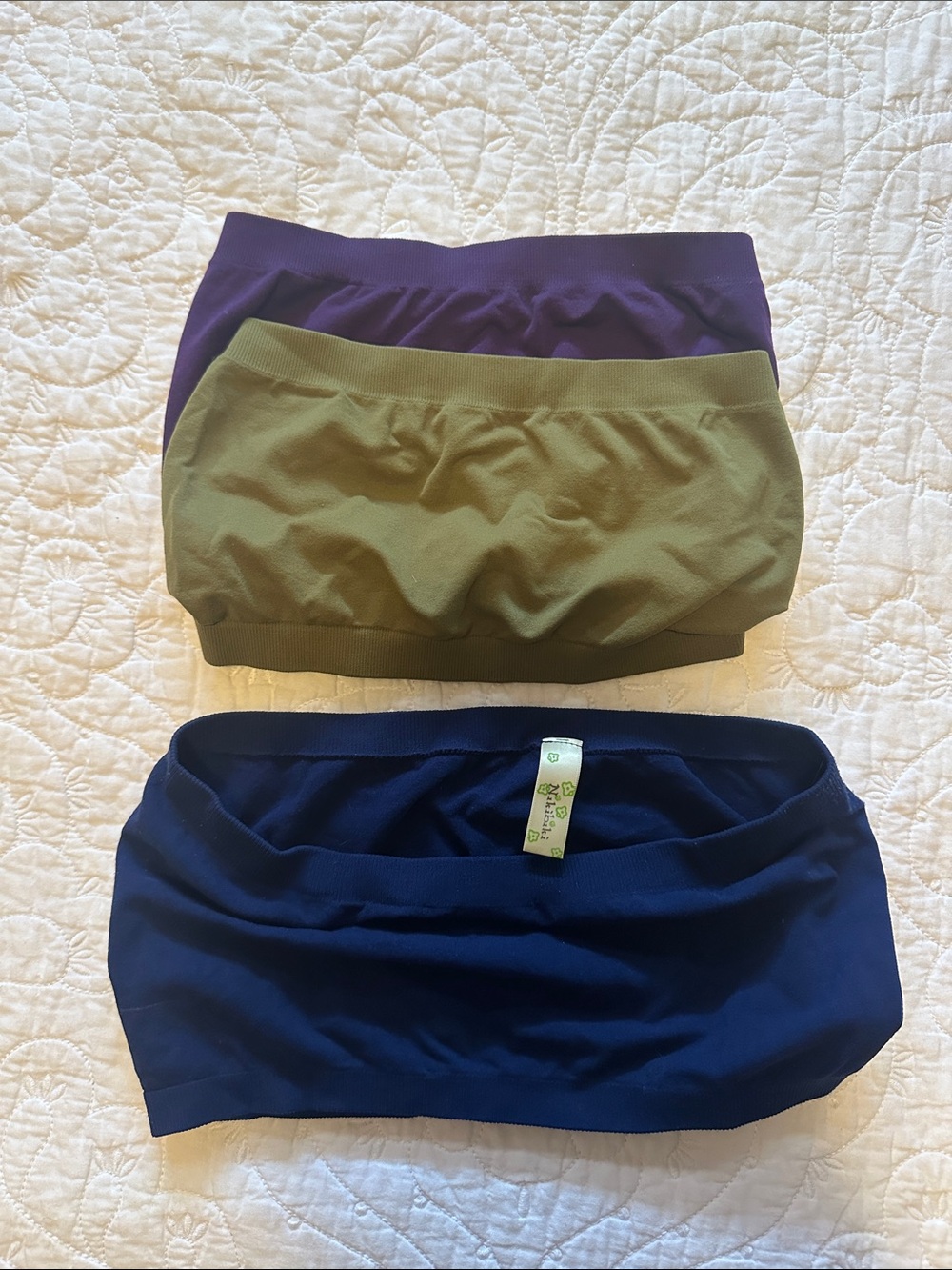 Nikibiki Bandeau Top Set in Purple, Olive Green, and Navy